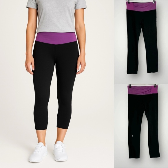 Lululemon | 7/8 Leggings Ruched Waistband Internal Pocket Black Purple - Picture 1 of 8